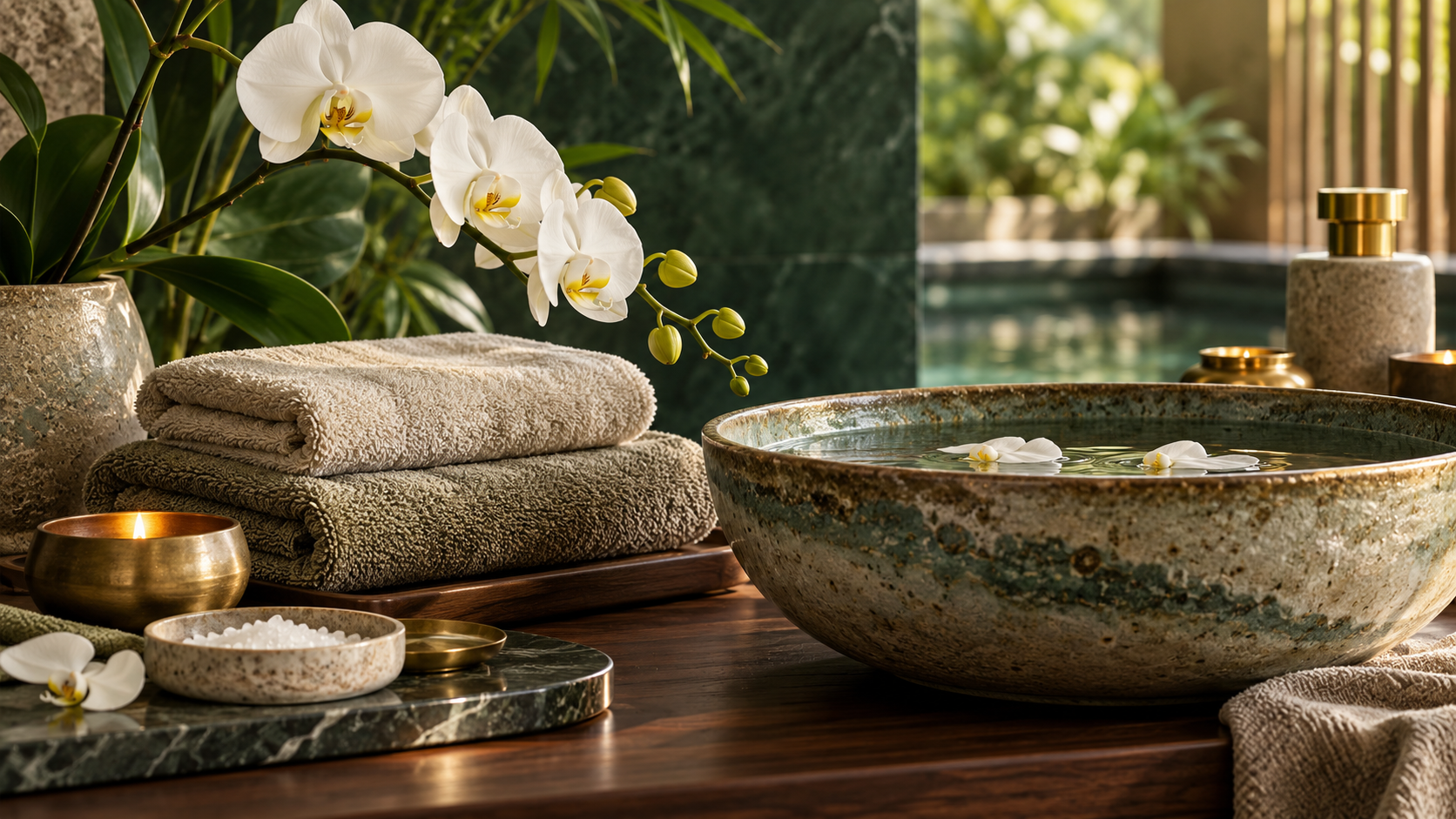 Illustrative still life of a white orchid beside towels and a ceramic soaking bowl