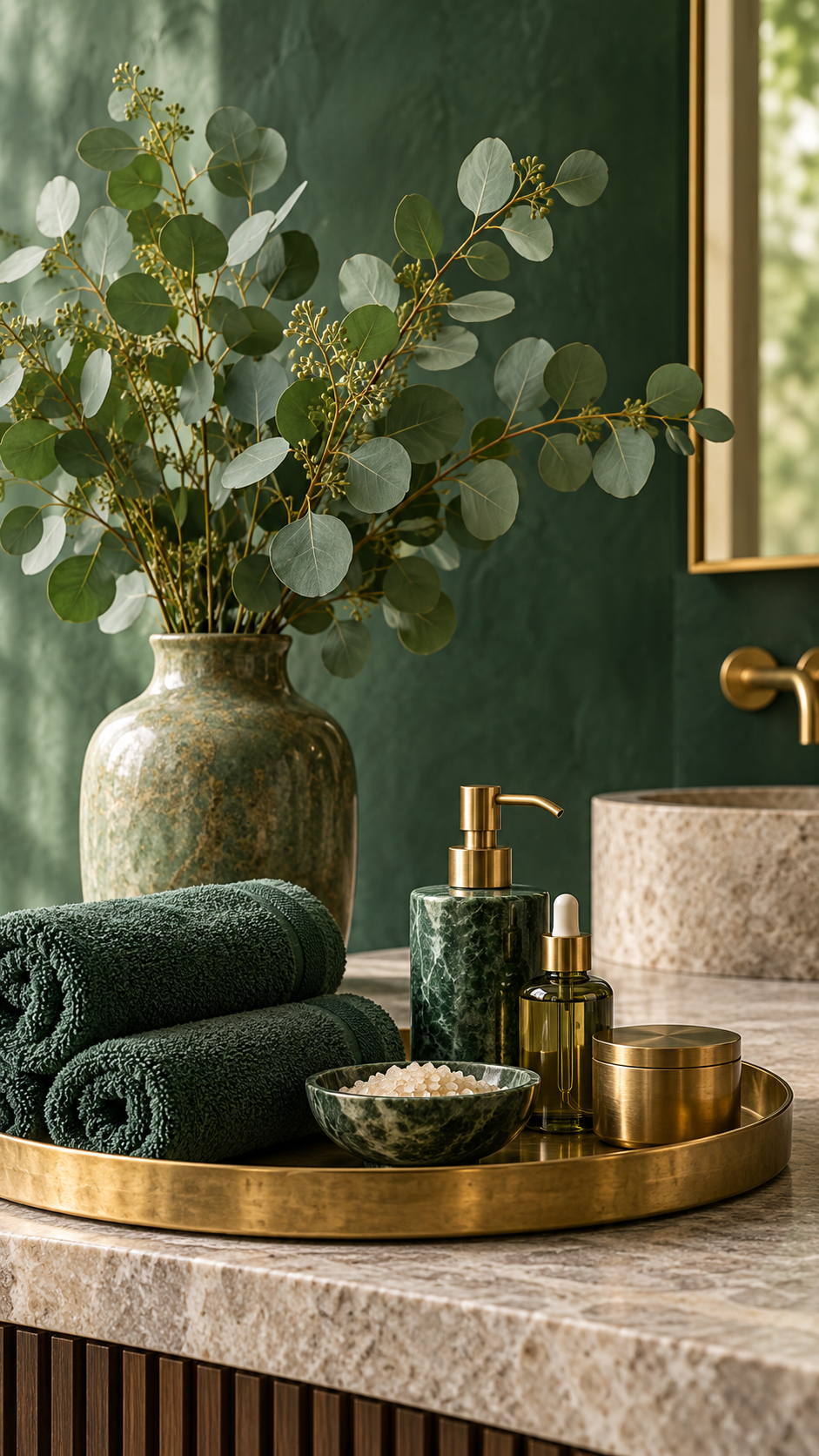 Illustrative tall still life of eucalyptus in a vase above towels and apothecary bottles